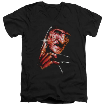 Black men's v-neck t-shirt with A Nightmare on Elm Street Freddys Face graphic