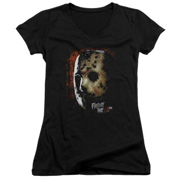 Black juniors v-neck t-shirt with Friday The 13th Mask Of Death graphic