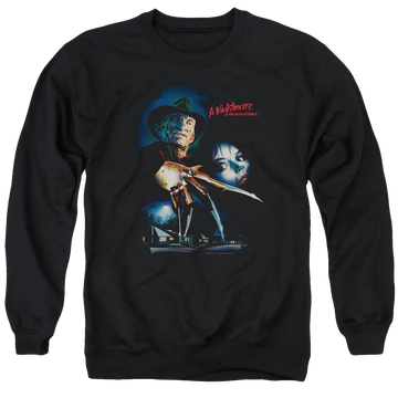 Black men's crewneck sweatshirt with A Nightmare on Elm Street Elm Street Poster graphic