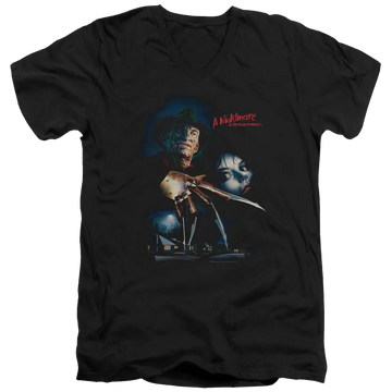 Black men's v-neck t-shirt with A Nightmare on Elm Street Elm Street Poster graphic
