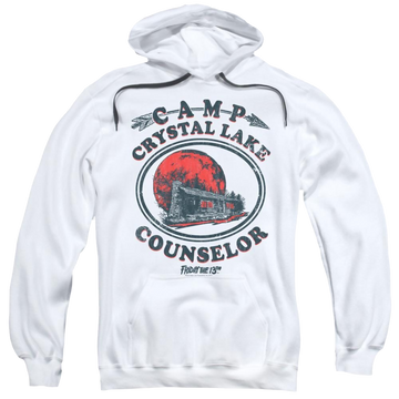 White pullover hoodie with Friday The 13th Camp Counselor graphic