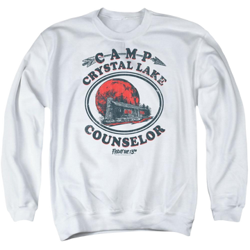White men's crewneck sweatshirt with Friday The 13th Camp Counselor graphic