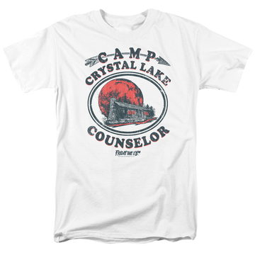 White men's regular fit t-shirt with Friday The 13th Camp Counselor graphic