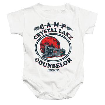 White baby bodysuit with Friday The 13th Camp Counselor graphic