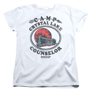 White women's t-shirt with Friday The 13th Camp Counselor graphic