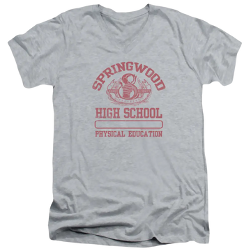 Athletic heather men's v-neck t-shirt with A Nightmare on Elm Street Springwood High graphic
