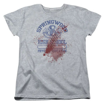 Athletic heather women's t-shirt with A Nightmare on Elm Street Springwood High Victim graphic