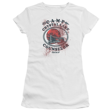 White juniors t-shirt with Friday The 13th Camp Counselor Victim graphic