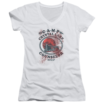 White juniors v-neck t-shirt with Friday The 13th Camp Counselor Victim graphic