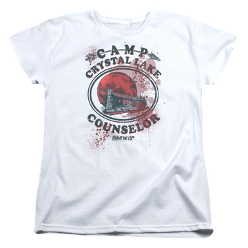 White women's t-shirt with Friday The 13th Camp Counselor Victim graphic