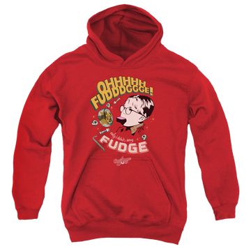 Red youth hoodie for ages 8 to 12 with A Christmas Story Christmas Fudge graphic