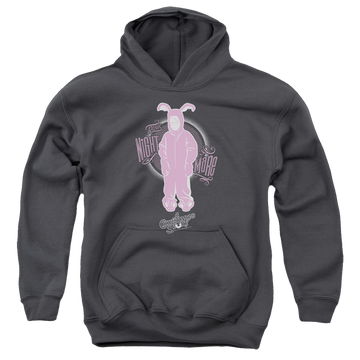 Charcoal youth hoodie for ages 8 to 12 with A Christmas Story Christmas Pink Nightmare graphic