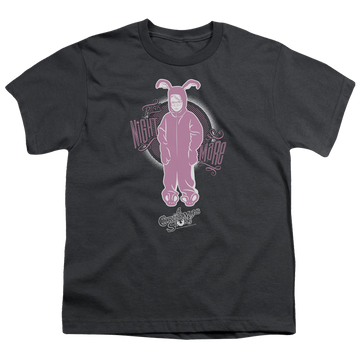 Charcoal youth t-shirt for ages 8 to 12 with A Christmas Story Christmas Pink Nightmare graphic