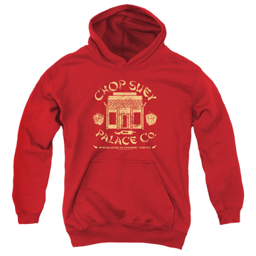 Red youth hoodie for ages 8 to 12 with A Christmas Story Christmas Chop Suey Palace Co graphic