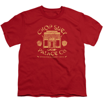 Red youth t-shirt for ages 8 to 12 with A Christmas Story Christmas Chop Suey Palace Co graphic