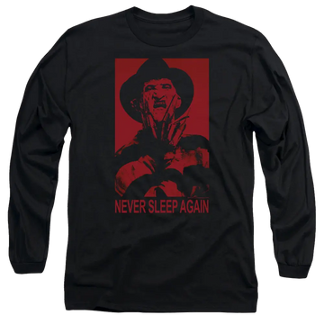 Black men's long sleeve t-shirt with A Nightmare on Elm Street Never Sleep Again graphic