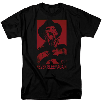 Black men's regular fit t-shirt with A Nightmare on Elm Street Never Sleep Again graphic