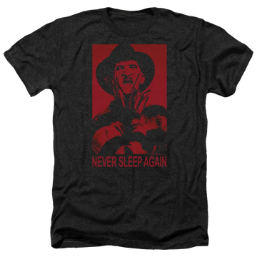 Charcoal men's heather t-shirt with A Nightmare on Elm Street Never Sleep Again graphic