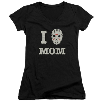 Black juniors v-neck t-shirt with Friday The 13th Mommas Boy graphic