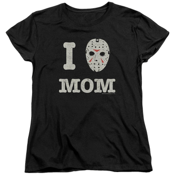 Black women's t-shirt with Friday The 13th Mommas Boy graphic