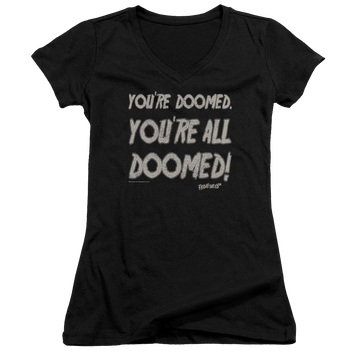 Black juniors v-neck t-shirt with Friday The 13th Doomed graphic