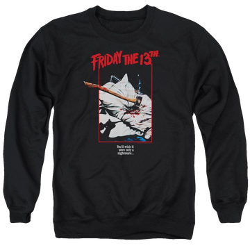 Black men's crewneck sweatshirt with Friday The 13th Axe Poster graphic