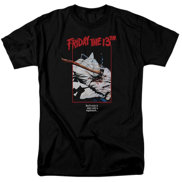 Black men's regular fit t-shirt with Friday The 13th Axe Poster graphic