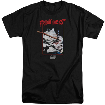 Black men's tall fit t-shirt with Friday The 13th Axe Poster graphic