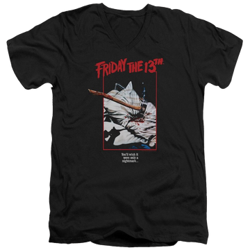 Black men's v-neck t-shirt with Friday The 13th Axe Poster graphic