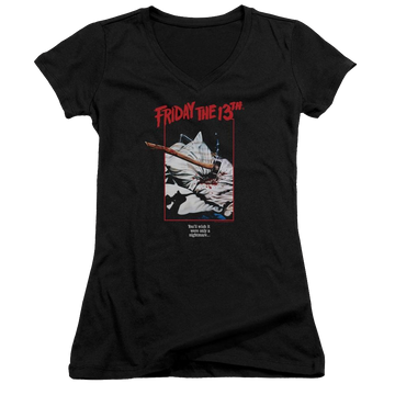 Black juniors v-neck t-shirt with Friday The 13th Axe Poster graphic