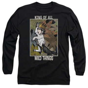 Black men's long sleeve t-shirt with Where The Wild Things Are King Of All Wild Things graphic
