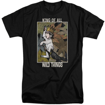 Black men's tall fit t-shirt with Where The Wild Things Are King Of All Wild Things graphic