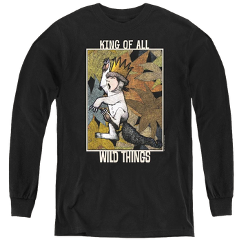 Black youth long sleeve t-shirt with Where The Wild Things Are King Of All Wild Things graphic