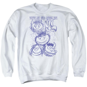 White men's crewneck sweatshirt with Where The Wild Things Are Wild Sketch graphic
