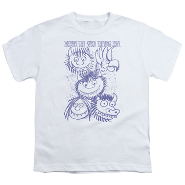 White youth t-shirt for ages 8 to 12 with Where The Wild Things Are Wild Sketch graphic
