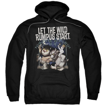 Black pullover hoodie with Where The Wild Things Are Wild Rumpus graphic