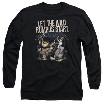 Black men's long sleeve t-shirt with Where The Wild Things Are Wild Rumpus graphic
