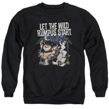 Black men's crewneck sweatshirt with Where The Wild Things Are Wild Rumpus graphic