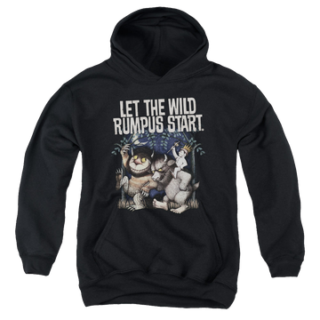 Black youth hoodie for ages 8 to 12 with Where The Wild Things Are Wild Rumpus graphic