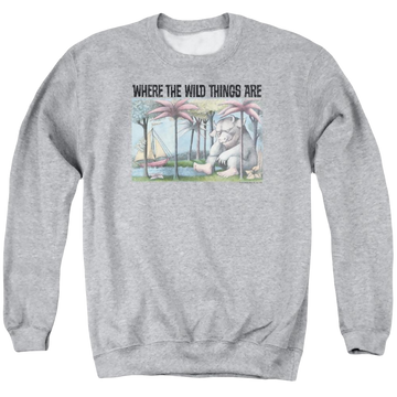 Athletic heather men's crewneck sweatshirt with Where The Wild Things Are Cover Art graphic