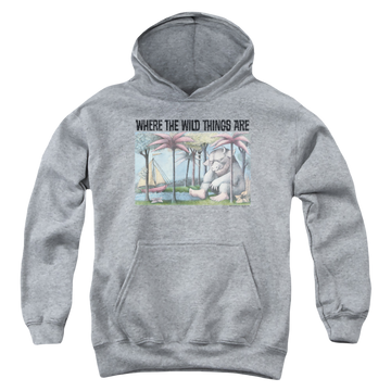 Athletic heather youth hoodie for ages 8 to 12 with Where The Wild Things Are Cover Art graphic