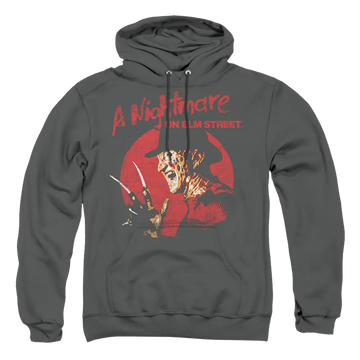 Charcoal pullover hoodie with A Nightmare on Elm Street Freddy Circle graphic