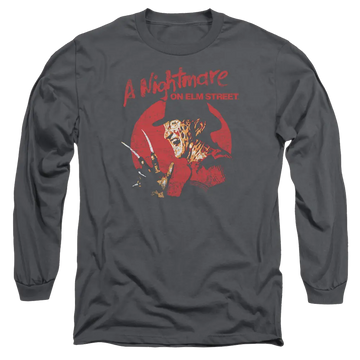 Charcoal men's long sleeve t-shirt with A Nightmare on Elm Street Freddy Circle graphic