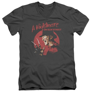 Charcoal men's v-neck t-shirt with A Nightmare on Elm Street Freddy Circle graphic
