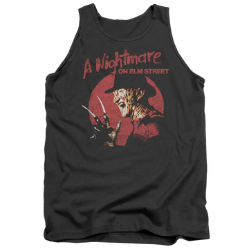 Charcoal men's tank with A Nightmare on Elm Street Freddy Circle graphic