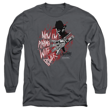 Charcoal men's long sleeve t-shirt with A Nightmare on Elm Street Playing With Power graphic