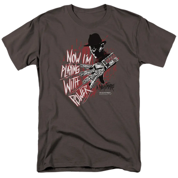 Charcoal men's regular fit t-shirt with A Nightmare on Elm Street Playing With Power graphic