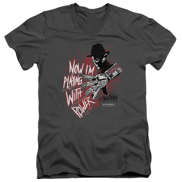 Charcoal men's v-neck t-shirt with A Nightmare on Elm Street Playing With Power graphic