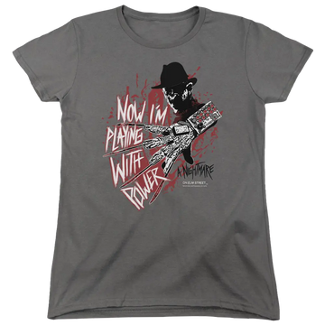 Charcoal women's t-shirt with A Nightmare on Elm Street Playing With Power graphic