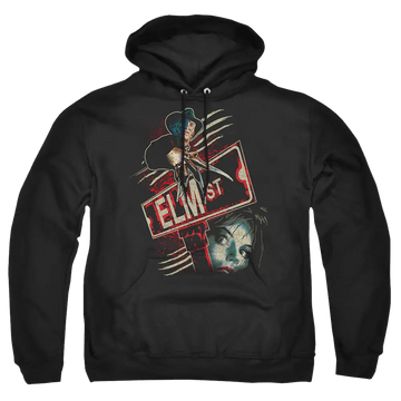 Black pullover hoodie with A Nightmare on Elm Street Elm St graphic